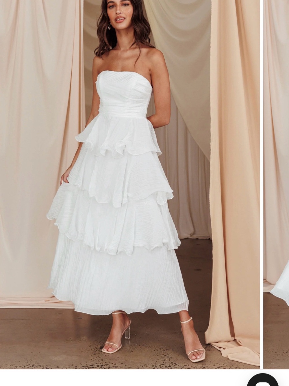 Strapless White Tiered Ruffle Midi Dress